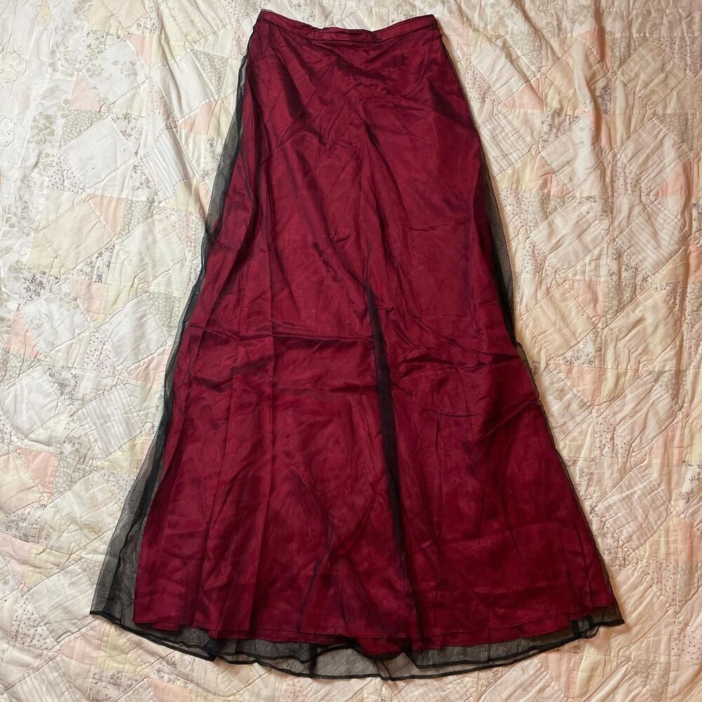 blondie nights vintage gothic vamp red maxi skirt with black mesh overlay size 5